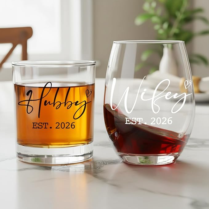Wedding Gifts for Couple,Friends,Newlyweds,Hubby and Wifey Gifts Stemless Wine Glass,Mr and Mrs Cups for His Her,Bridal Shower Gift for Bride and Groom,Married Gift for Christmas,Housewarming-67