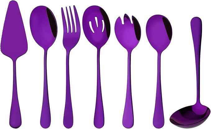 7 Pcs Purple Serving Utensils, Stainless Steel Flatware Serving Set, Include Cake Server/Slotted Spoon/Serving Spoon and Fork/Soup Ladle, Serveware Set for Buffet and Party