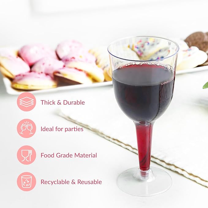 Prestee 24 Clear Stemmed Plastic Wine Glasses - 10 oz Disposable Wine Glasses for Parties - Plastic Wine Cups with Stem for Weddings, Wine Tasting, Patio Gatherings, and Elegant Party Supplies