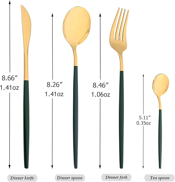 Mirror Cutlery Serving Set, 24-piece 18/0 Stainless Steel Silverware With Green Handle Simple & Modern Tableware For Home Party Restaurant Christmas Dinner, Service For 6 (Green Gold)
