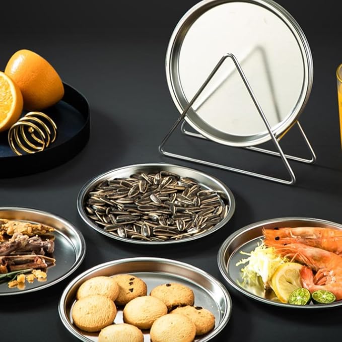 Stainless Steel Roast Meat Plates and Snack Holders Set of 6 with Storage Rack, Modern Silver round Food Serving Trays for Home and Restaurant Use