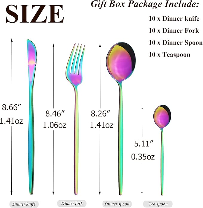 40 Pcs Mirror Polish Silverware Set, Large Set 18/10 Stainless Steel Flatware Cutlery Set For Home Daily Use/Wedding Party/Restaurant, Utensils Set Service For 10 (Rainbow)