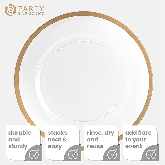 PARTY BARGAINS 13-Inch Charger Plates - 48 Pack, Clear Gold Rim, Heavy-Duty Disposable Chargers for Elegant Dining - Ideal for Weddings and Formal Events
