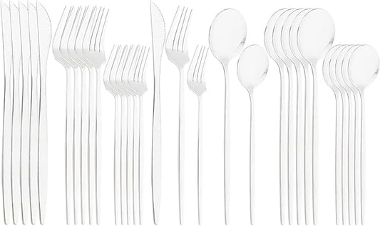 30Pcs Silver Simplicity Mirror Finished Cutlery Set, 18/0 Stainless Steel Daily Use Silverware Kitchen Home Restaurant Party Dessert Flatware Set Include Knife/Fork/Spoon, Service For 6