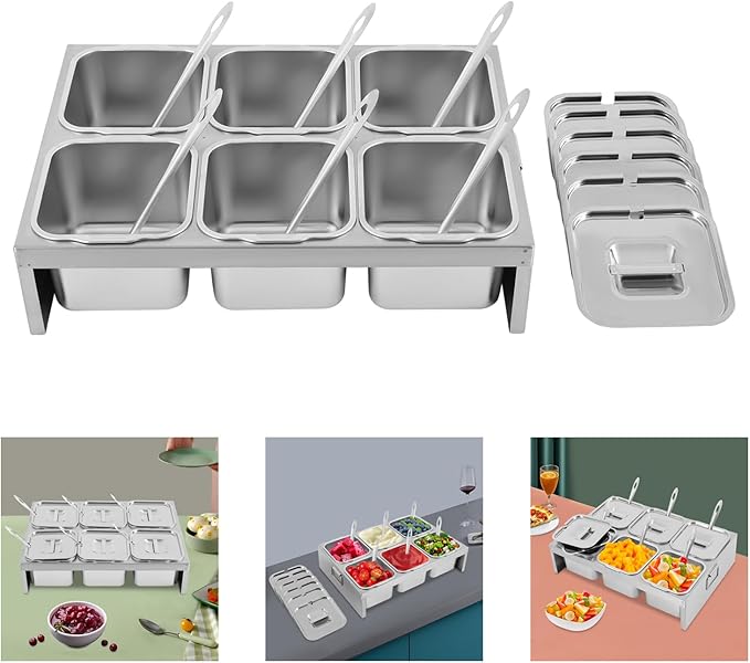 Stainless Steel Condiment Containers, 6 Compartment Trays Seasoning Organizer Box with 0.528 Gallons Capacity Each for Outdoors Hotels Kitchens Backyards