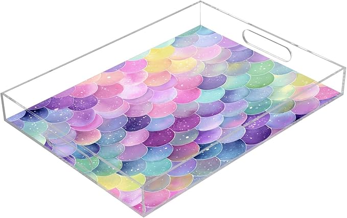 Serving Tray with Handles Clear Acrylic Tray 12x16 Inch Decorative Rectangular Tray Organizer for Ottoman Coffee Table Bathroom Watercolor Mermaid Scales Colors