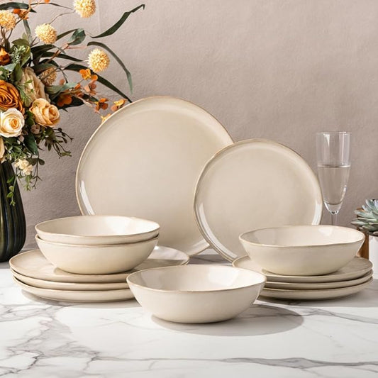 AmorArc Ceramic Dinnerware Sets,Handmade Reactive Glaze Stonewre Plates and Bowls Sets,Highly Chip and Crack Resistant | Dishwasher & Microwave Safe Dishes Set,Service for 4 (12pc)