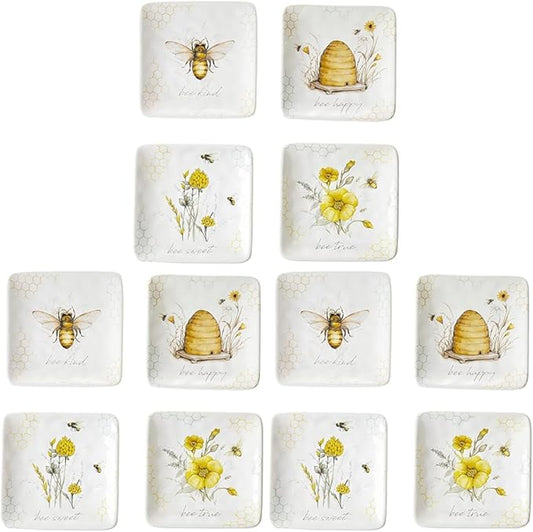 Bee Sweet 6" Canapé & Luncheon Plates, Set of 4 – Assorted Bee & Floral Designs with Uplifting Sayings, Durable Ceramic Appetizer Plates for Spring Entertaining & Cottagecore Décor |(Pack of 3)
