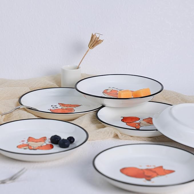 SOCOSY Super Cute Cartoon Animal Ceramic Sauce Dishes, Seasoning Dishes, Little Cat Dog Bird Feeding Bowls, Sushi Soy Dipping Bowls, Appetizer Plates, Dessert Plates, Set of 6-Fox-5 Inch