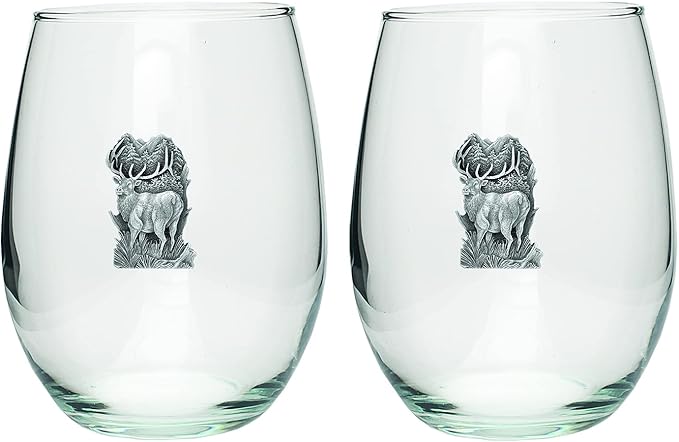 Heritage Pewter Elk Stemless Glass Goblets – Set of 2 | 15 OZ Goblet Wine Glasses | Expertly Crafted Pewter Glass
