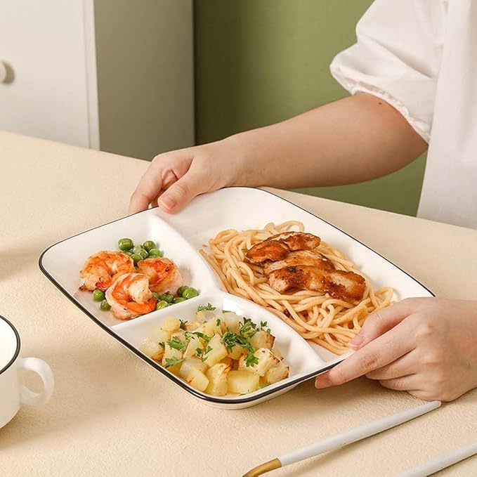 10inch Ceramic Divided Plates Set of 2,3 Compartment Portion Control Plate,Reusable Bariatric Plate for Adults,White Dinner Plates for Balanced Meal,Rectangular Porcelain Serving plates