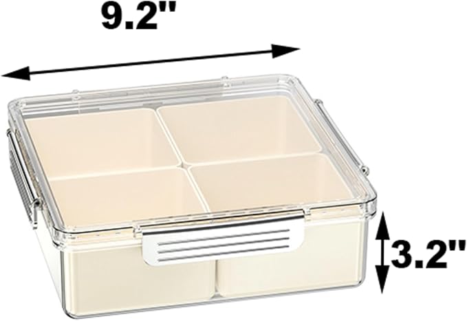 Beige Silver Square Plastic Divided Serving Tray with Lid, 4 Compartments Snack Tray Serving Platter for Biscuits, Fruit, Veggie, Candies and Hot Pot