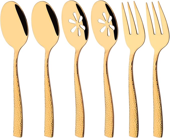 6 PCS Hammered Serving Utensils, Uniturcky Stainless Steel Serving Spoons Set, Square and Thick Hostess Serving Set, Includes 2 Serving Spoon 2 Serving Fork and 2 Slotted Spoon, Mirror Gold