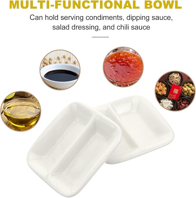 Cabilock 2Pcs 3inch White Ceramic Appetizer Plates, 2-Compartment Serving Platter Tray, Soy Dipping Sauce Dishes, Rectangular Divided Dish for Home Hotel Restaurant Kitchen
