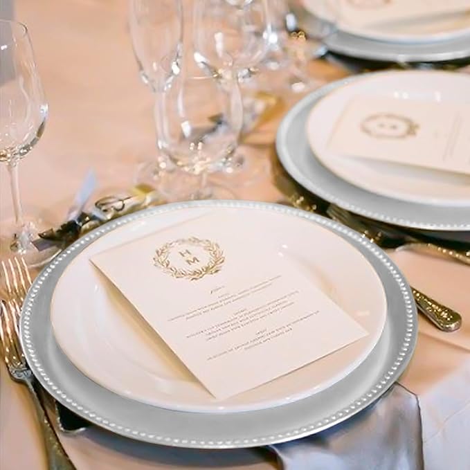 fani 100 Pcs Silver Charger Plates Bulk, 13'' Round Beaded Dinner Charger Plates, Plastic Reusable Vintage Table Decoration for Wedding, Party, Reception, Event, Holiday Supplies