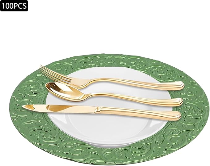 Green Plastic Charger Plates Set of 100,13” Reusable Party Chargers for Dinner Plates, Elegant Round Service Plate Chargers Bulk Decorative for Wedding, Catering Table Decor