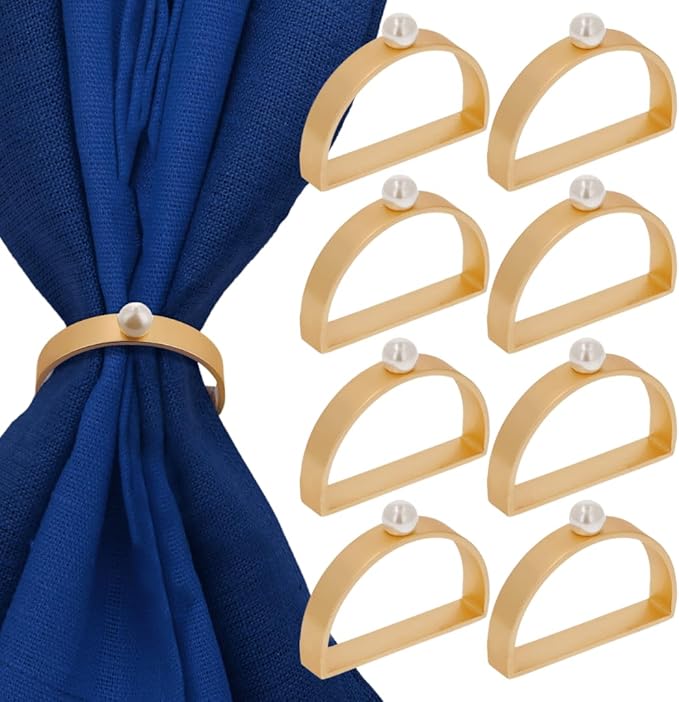 Gold Napkin Rings Set of 8 - Semicircle Napkin Ring Holder in Matte Gold- Pearl Napkin Rings for All Occasions Made of Durable and Sturdy Zinc Alloy