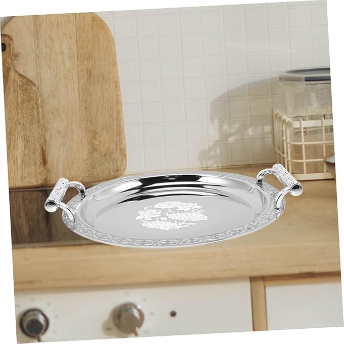 DECHOUS Floral Pattern Serving Tray Silver Snack Storage Holder for Candy Dessert Fruit Multipurpose Stainless Steel and Plastic Plate for Use