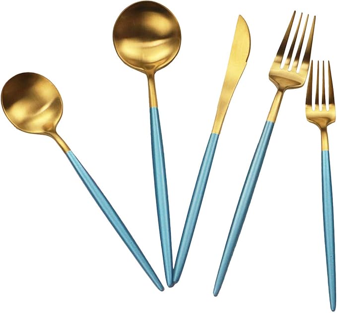 Gugrida Blue Gold Flatware, Royal 40 Pieces Matte Blue Handle 18/10 Stainless Steel Cutlery Sets for 8 Including Forks Spoons Knives, Camping Silverware Travel Utensils Set Tableware