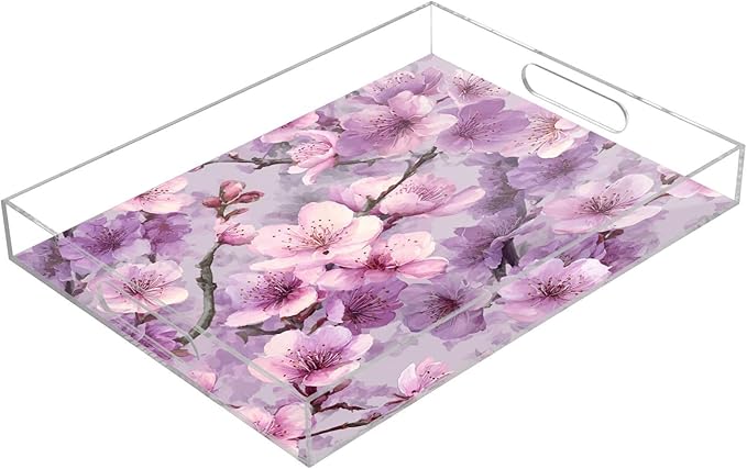 Serving Tray with Handles Clear Acrylic Tray 12x16 Inch Decorative Rectangular Tray Organizer for Ottoman Coffee Table Bathroom Pink and Purple Cherry Blossom