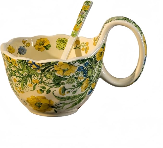 16.91oz/500ml Handpainted Soup Bowl with Handle,Ceramic Cereal Bowl Microwave & Dishwasher Safe,Loop Handle Bowl Great for Soup,Yogurt,Snack,Chip,Stew,Ice Cream,Coffee (Winter Jasmine)