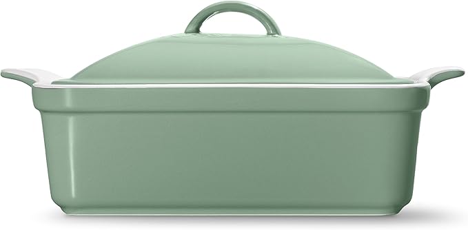 Stoneware Casserole Dish Bakeware with Lid | Covered Square Dinnerware | Medium 2 Quart, [Sage Green]