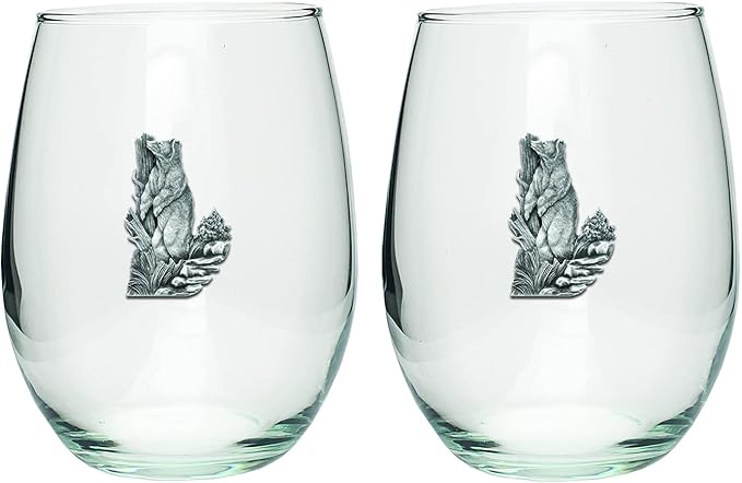 Heritage Pewter Black Bear Stemless Glass Goblets – Set of 2 | 15 OZ Goblet Wine Glasses | Expertly Crafted Pewter Glass