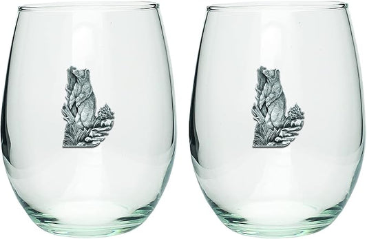 Heritage Pewter Black Bear Stemless Glass Goblets – Set of 2 | 15 OZ Goblet Wine Glasses | Expertly Crafted Pewter Glass