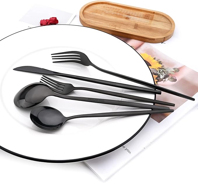 30Pcs Black Simplicity Mirror Finished Cutlery Set, 18/0 Stainless Steel Daily Use Silverware Kitchen Home Restaurant Party Dessert Flatware Set Include Knife/Fork/Spoon, Service For 6