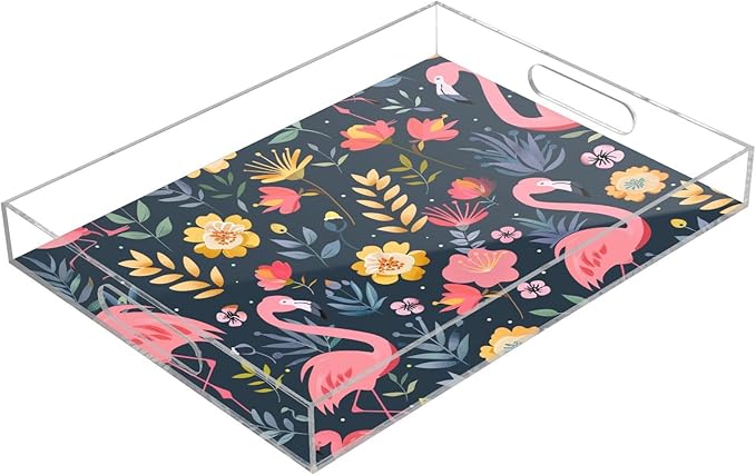 Serving Tray with Handles Clear Acrylic Tray 12x16 Inch Decorative Rectangular Tray Organizer for Ottoman Coffee Table Bathroom Flower and Flamingo Black