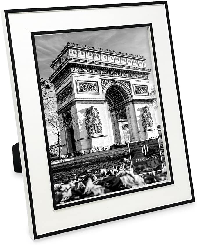 Isaac Jacobs 8x10 White w/Black (Vertical & Horizontal) Double Border Picture Frame w/Black Fabric Easel, Wall-Mountable, Made for Tabletop & Gallery, Home or Office (8x10, White W/Black)