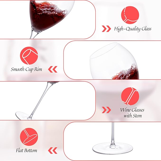 KAMMAK Wine Glasses Crystal Red and White Wine Glasses Set of 2, 13.5oz Hand Blown Large Glassware with Long Stem, Premium Glassware for Wine tasting, Birthday Gift, Party, Anniversary