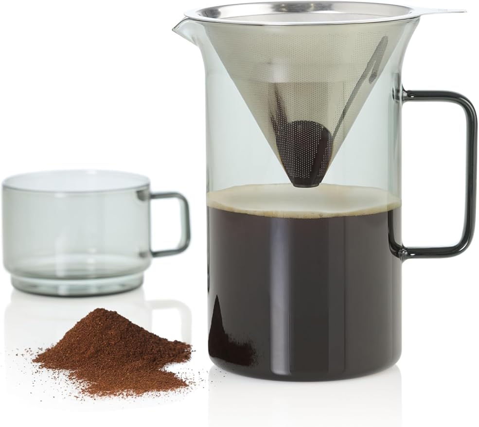 AdHoc Pour Over Coffee Maker - Manual Brewer for Ground Coffee - Reusable Stainless Steel Filter - Heat-Resistant Glass Coffee Dripper - Dishwasher Safe