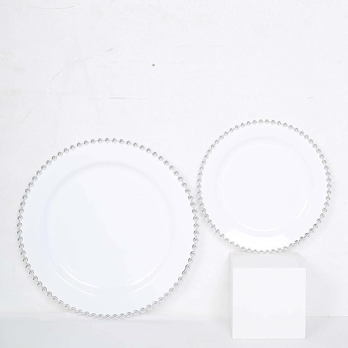 Efavormart 10 Pack | 8" White/Silver Beaded Rim Plastic Dinner Plates, Disposable Round Party Plates