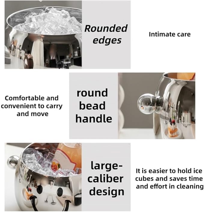 Stainless Steel Ice Bucket with Round Bead Handles, Creative Ice Bucket for Parties, Modern Drink Chiller Suitable for Bar, Home, Large Capacity(B)