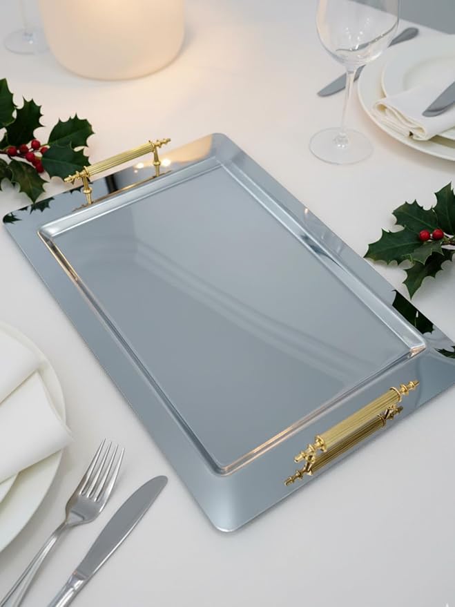 Stainless Steel Serving Tray with Gold Handles, Silver Rectangular Luxury Tray, 17.7 x 11.8 Inches, Large Serving Platter for 8 People