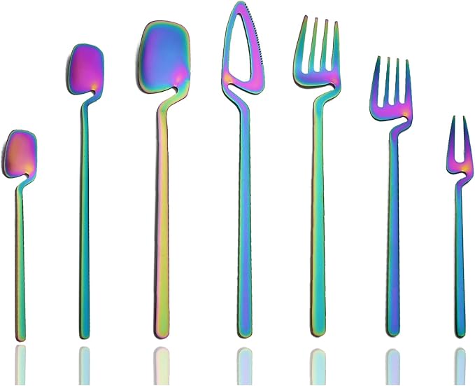 JASHII 28-Piece Rainbow Silverware Flatware Set for 4, 304 Stainless Steel Colorful Eating Utensils Cutlery, Tableware for Home Restaurant Party - Hanging Cup - Dishwasher Safe