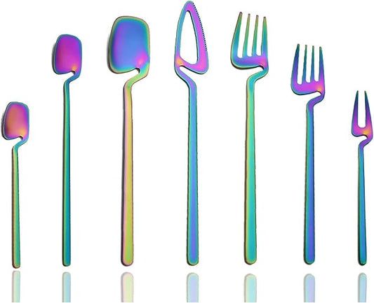JASHII 28-Piece Rainbow Silverware Flatware Set for 4, 304 Stainless Steel Colorful Eating Utensils Cutlery, Tableware for Home Restaurant Party - Hanging Cup - Dishwasher Safe