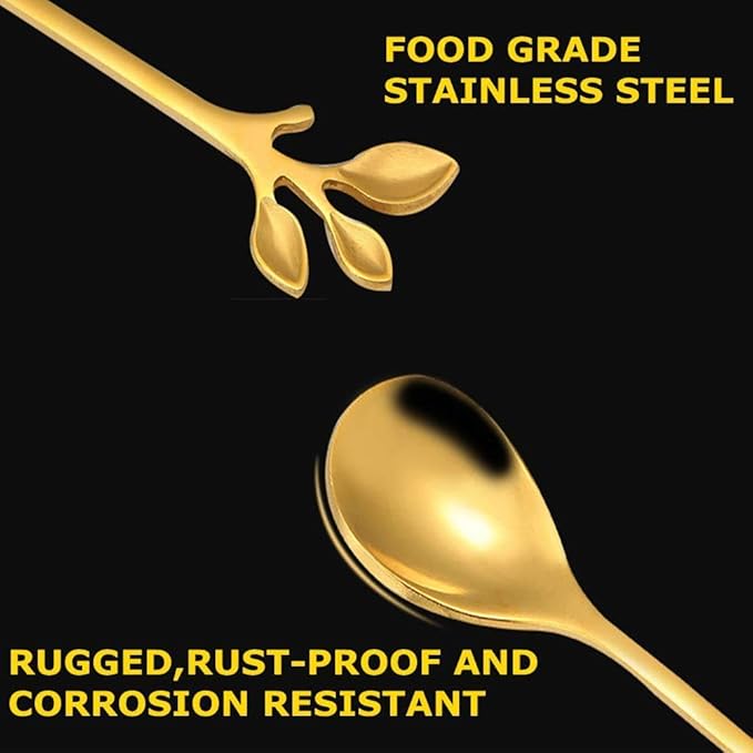 Long Handle Iced Tea Spoons Set of 6, Comicfs 7.6" Ice Cream Spoon, Creative Gold Leaf Cocktail Stirring Spoons, Premium Food Grade Stainless Steel, Mirror Finish & Dishwasher Safe (6 Pcs, Gold)