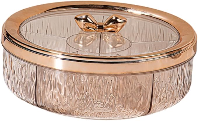 6-Compartment Divided Serving Tray, Appetizer Tray, Rotating Plate, Transparent Lid, Suitable Material for Family Gatherings, Rose Golden Bow