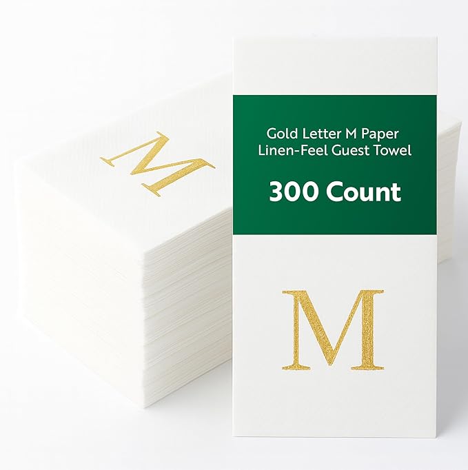 Restaurantware Napkins Pack of 300 Gold Letter M Linen-Feel Paper Disposable Guest Towels 15.75 x 7.87 Inches, Elegant Airlaid White Napkins For Birthdays, Weddings and Catering Events