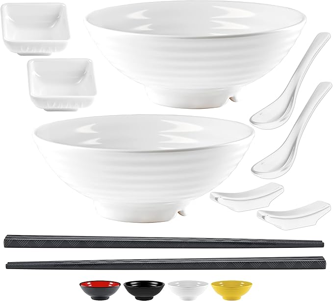 Noodle Bowls Set - large 32oz Ramen Bowl Set for authentic Asian Cuisine - comes with Dipping Bowls, Spoons and Chopstick Stands. Enjoy Thai Miso, Udon or Wonton (2 Bowl Set, White)
