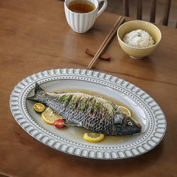 Dinner Plates Extra Large 14.5 Inch Ceramic Plate Embossed Oval Steamed Fish Tray With Slight Flaws Suitable For Restaurant Appetizers Kitchen Salad Bowl