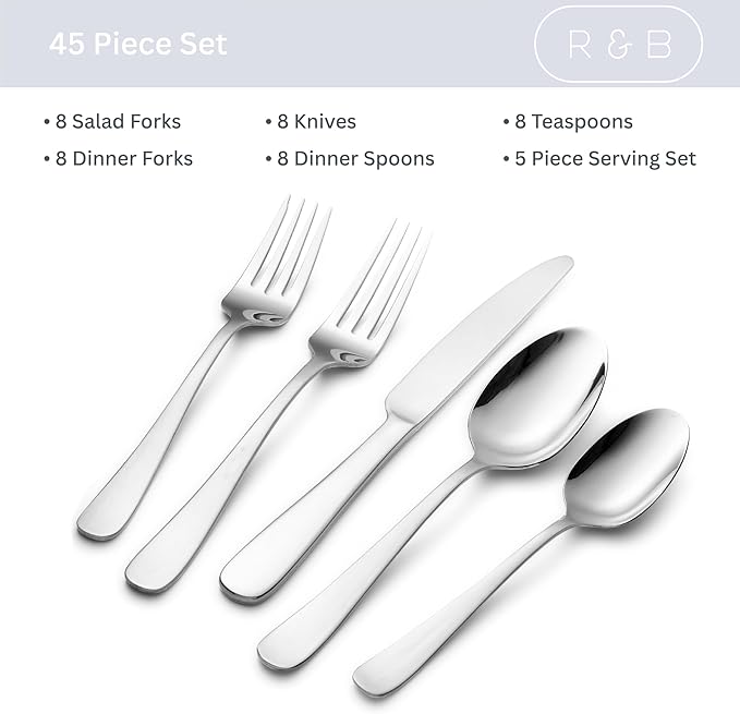 Roberts & Belk 45-Piece Camden Gold Silverware Set – Flatware for 8 – High Mirror Stainless Steel Utensils with Knives, Forks & Spoons