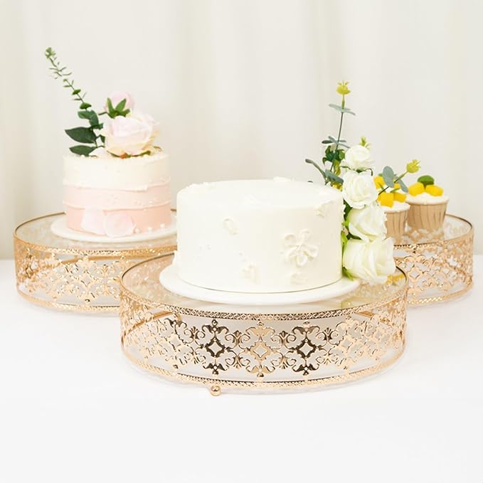 Efavormart Set of 3 Metal Cake Stands 10", 12", 14" Baroque Ornate Design with Glass Top Gold - Stackable Dessert Display Trays