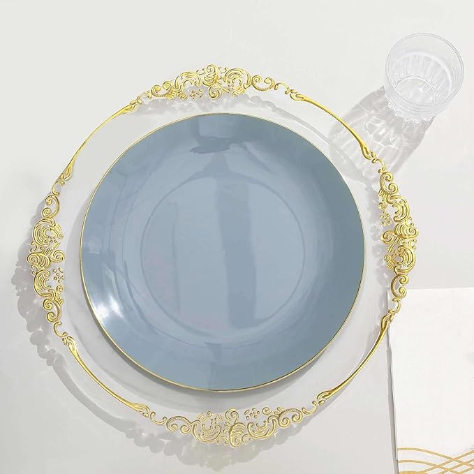 Efavormart 10 Pack | 10" Glossy Dusty Blue Round Plastic Dinner Plates With Gold Rim, Disposable Party Plates
