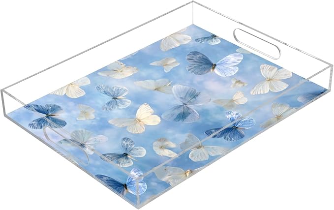 Serving Tray with Handles Clear Acrylic Tray 12x16 Inch Decorative Rectangular Tray Organizer for Ottoman Coffee Table Bathroom Sky Blue and White Butterflies