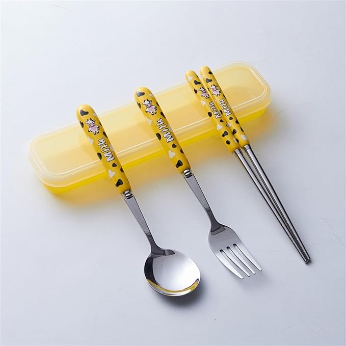 Cute Colorful Silverware Set, Milk Cow Series Ceramic Handle Dinnerware Set Flatware Kitchen Accessories Camping Travel Sets Fork Spoon Chopstick Portable Silverware Set with Case (Color : Y