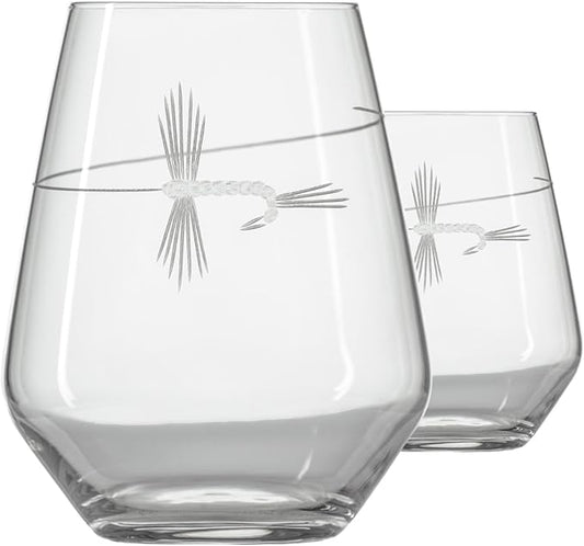 Rolf Glass | Fly Fishing Stemless Wine Tumbler 18 ounce | Stemless Wine Glasses | Set of 2 | Lead-Free Glass | Engraved Tumbler Glasses | Made in the US