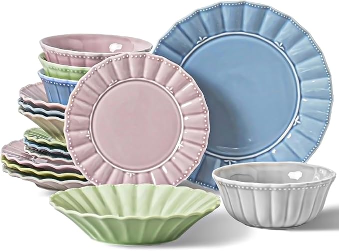 HOMBENE Dinnerware set, 16 Piece plates and bowls sets for 4, Ceramic Mordern dish set for party, Porcelain dish set, House gift, Microwavable safe, Mixed Colors